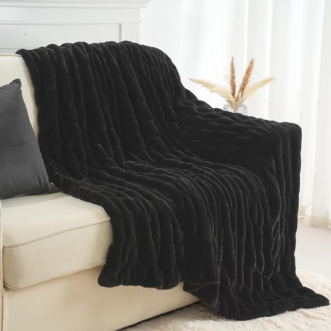 BATTILO Soft Faux Fur Throw Blanket for Couch, Double Side, 60"x80", Black | Black Throw Blanket, Bubble Blanket, Cozy Warm Fluffy Faux Fur Blanket For Bed, Sofa Living Room