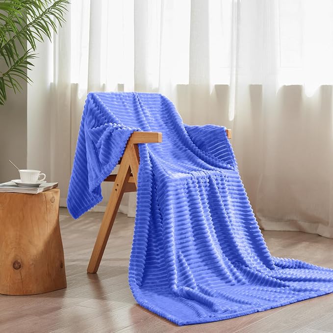 Vessia Flannel Fleece Throw Blanket for Couch,Sofa,Bed, 300GSM Striped Blue Blanket for Adults and Kids, Super Soft Warm Cozy Lightweight Ribbed Throw for All-Season