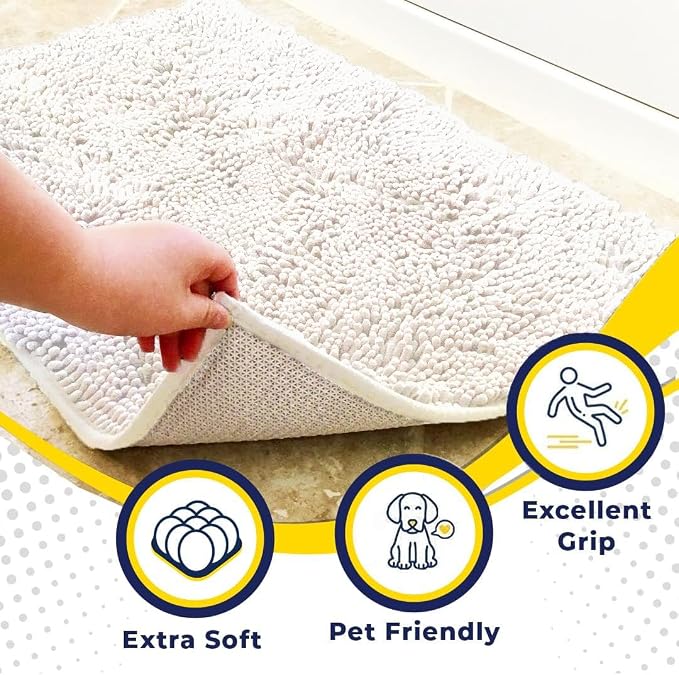 Muddy Mat® | Super Water Absorbent Door Mat Indoor, Microfiber Quick Dry Chenille Entryway Rug, Slip Resistant Front Door Mat, Indoor Mats for Entryway, Machine Washable Pet Rug, White 24" x 120"
