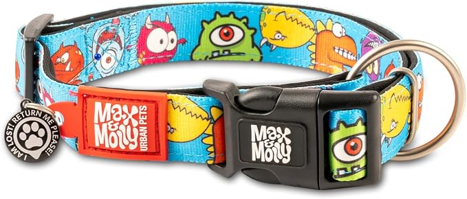 Max & Molly Smart ID Dog Collar with Gotcha! QR Safety Tag and Custom Pet Profile, Soft Padded Neoprene, Waterproof, Monsters, Large (15-25")
