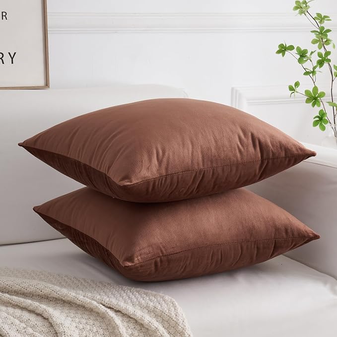 Velvet Decorative Throw Pillow Covers, Soft Square Cushion Case Home Decor for Living Room Couch Bed Sofa, Set of 2 Pack, Brown, 16x16 Inch