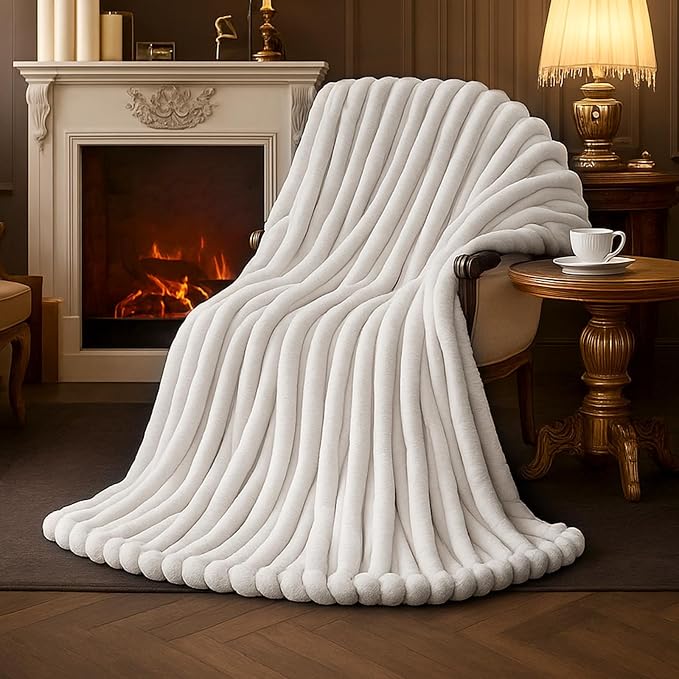 Faux Fur Throw Blanket for Couch, Cozy Fuzzy Fluffy Fur Luxurious Soft Striped Plush Gift Blankets for Family Sofa Chair, 60"x80", Ivory