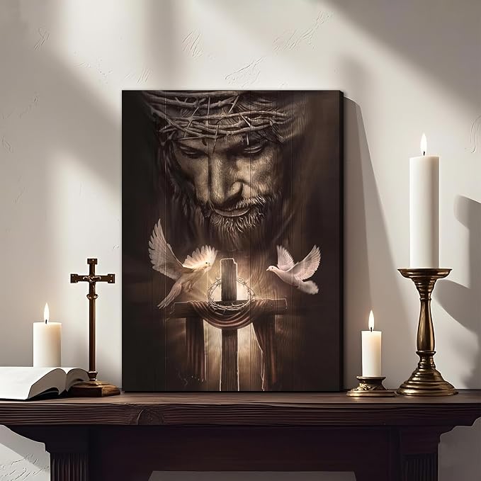 Fantasy Artists Framed Jesus Christ Canvas Wall Art The Cross and Peace Dove Christian Painting Prints Biblical Wall Decor Religious Room Decor for Church Prayer Room Schools Hospitals 12" x 16"