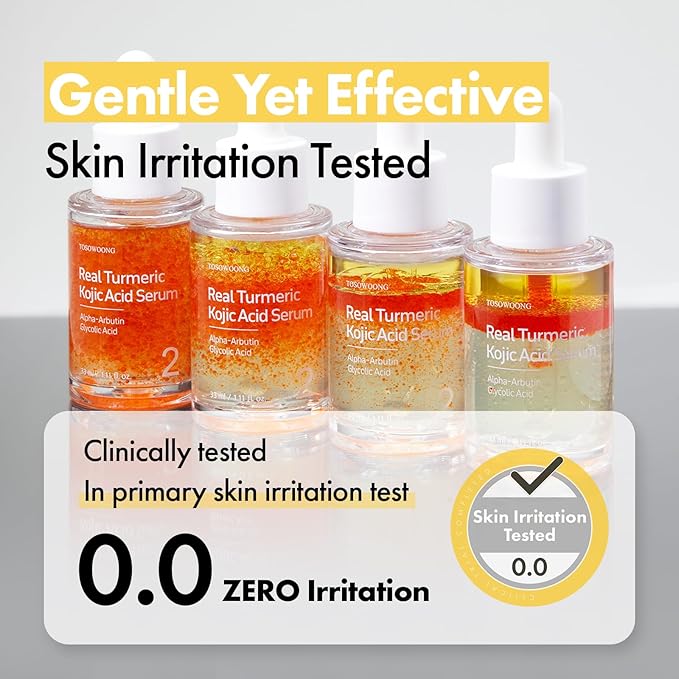 TOSOWOONG Real Turmeric Kojic Acid Serum - Brightening serum 7,000ppm Kojic Acid, 1,500ppm Turmeric, Alpha Arbutin, Astaxanthin, Glycolic Acid, Dark Spots, Freckle, Korean Skin Care, 33ml/1.11 fl.oz.