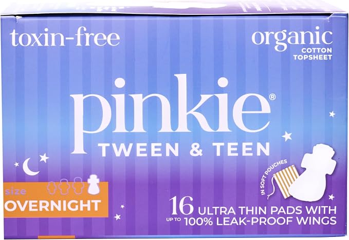 Pinkie Period Starter Pads - Designed for Smaller Underwear - Organic Cotton Topsheet Tween & Teen Pads with Wings - Chlorine Free & Fragrance Free - Teen Overnight, 16 Count