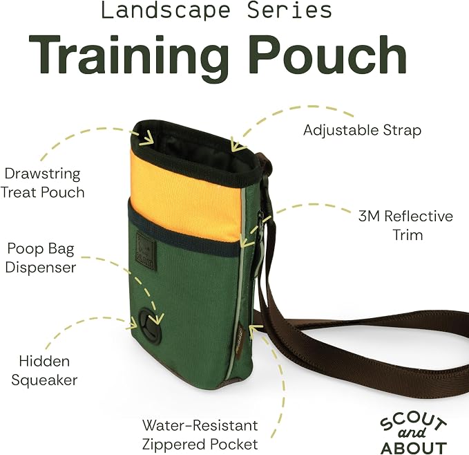 P.L.A.Y. Scout & About Deluxe Training Treat Pouch with Bag Dispenser - 3 Way Wear, Detachable & Adjustable Strap, Reflective Strips, Water-Resistant Back Zipper Pocket, Squeaker (Mocha)