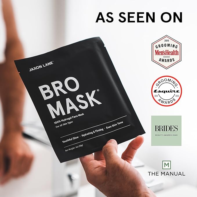 JAXON LANE BRO MASK Premium Korean Face Mask for Men (4 x 4 Pack) - Anti Aging Sheet Masks w/Hydrogel, Vitamin C, Hydrolyzed Collagen, & Hyaluronic Acid - Perfect Skin Care for Men