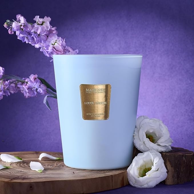 M&SENSE Linen Breeze Candle Summer Scented for Home, 14.1oz Large Candle Non Toxic 60 Hours Long Lasting Burning, Clean Linen Aromatherapy Candles for Home & Bathroom Decor