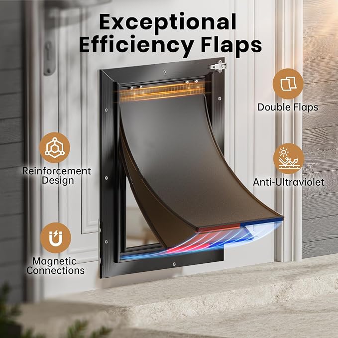Aluminum XL Dog Door for Exterior Door, Heavy Duty Pet Door with 2 Flaps | Aluminum Alloy Frame, Upgraded Magnetic Flaps, Thermal Insulation, Energy Efficient, Sliding Lock Panel, Pets Up to 220Lb