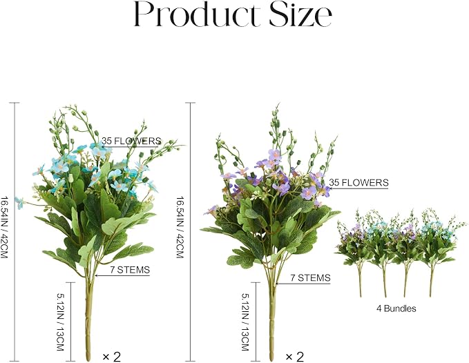 RM ROOMERS Artificial Flowers Plants for Outdoors, Fake Flowers Blue&Purple | Forget-me-not UV Resistant Faux Flower for Garden Porch Windowbox Front Door Yard Table, No Fade Home Vase Decor (4 Bundles)