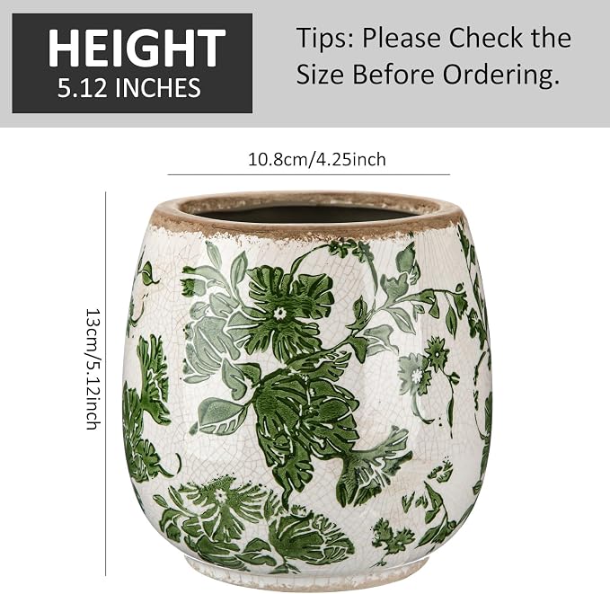 SiliFine Vintage Ceramic Flower Pot with Ice Crackle Rustic Planter with Drainage Holes for Indoor and Outdoor Decor Home Living Room Garden Decor Gardening Gift(Vintage Green Style)