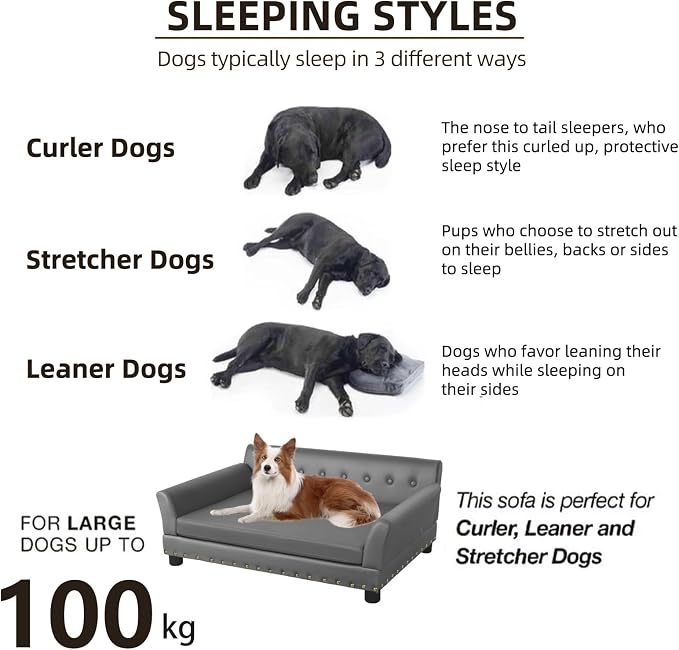 XL Leather Dog Sofa: Scratch Resistant Pet Couch up to 132lbs Gray | Extra Large Luxury Indoor Dog Furniture, Elevated Wooden Frame Jumbo Pet Lounge Bed, Easy Clean, Replaceable Cover