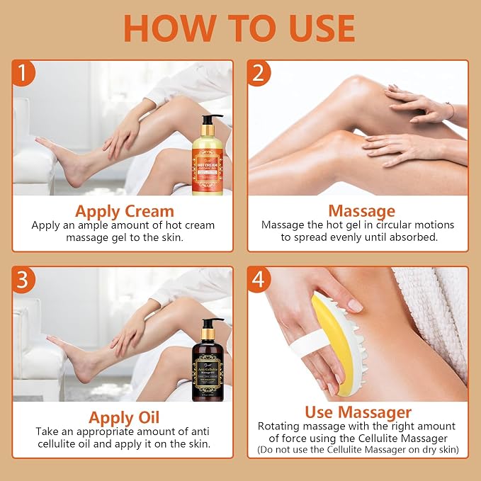 Pjordo Anti Cellulite Massage Oil & Hot Cream Set with Massager, Natural Cellulite Remover, Oil & Massager for Legs Arms and Butt, Firm, Tighten & Moisturize Skin Soothes Muscles (8 Fl Oz)