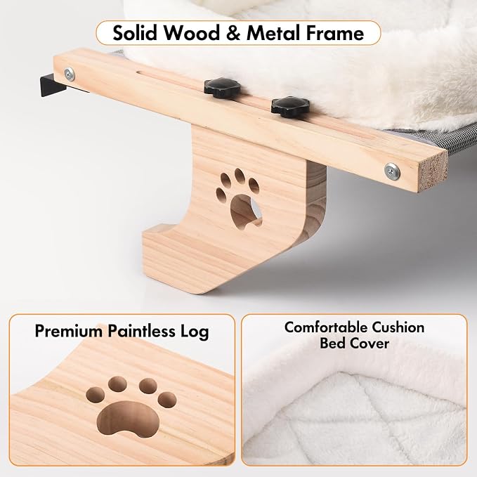 AMOSIJOY Wooden Cat Windowsill Perch with Zipper Cushion Bed, 27.5in | Sturdy Wood & Metal Frame Hold up to 40lbs, Machine Washable, Easy to Adjust, Hook-on Mounting Cat Hammock Seat for Large Cat