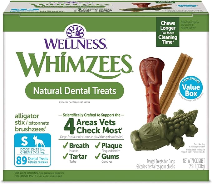 Wellness WHIMZEES Value Pack Natural Dog Dental Treat, Chews, Freshens Breath, Small Size, 47.1 oz Box, 89 Count