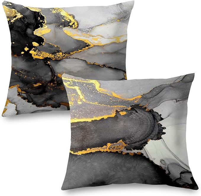 Black Grey and Gold Marble Texture Pillow Covers 20x20 Double-Sided, Abstract Modern Decorative Throw Pillow Covers for Living Room Bedroom, Modern Home Decor, Black and Gold Decor, Set of 2