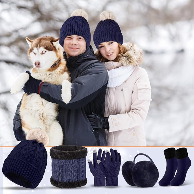 SATINIOR 5 Pcs Winter Hat Scarf Gloves Set Fleece Warm Lined Knit Beanie Hat Touch Screen Earmuff Gloves Warmer for Women(Navy Blue,Cool Style)