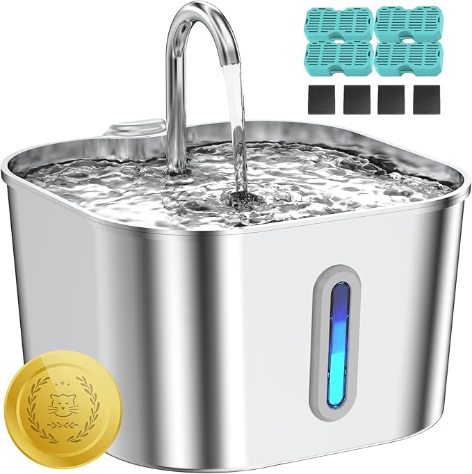 Lawfery Cat Water Fountain Stainless Steel, 74oz/2.2L Pet Fountain | 4 Filters & 4 Sponges, Quiet Pump, Cat Drinking Fountain for Indoor Cats and Small Dogs