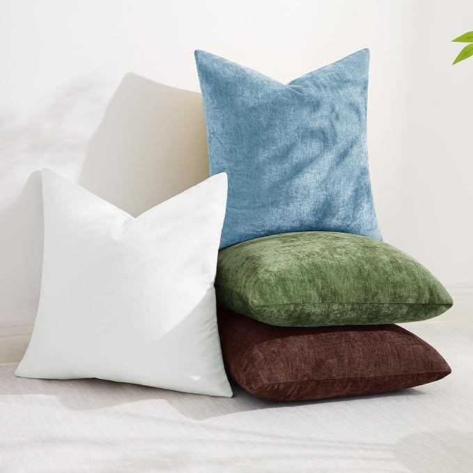 decorUhome Soft Chenille Olive Green Throw Pillow Covers 24X24 Set of 2 | Decorative Fall Couch Pillow Covers Solid Dyed Accent Modern Euro Sham Farmhouse Neutral Square Pillow Cases for Sofa