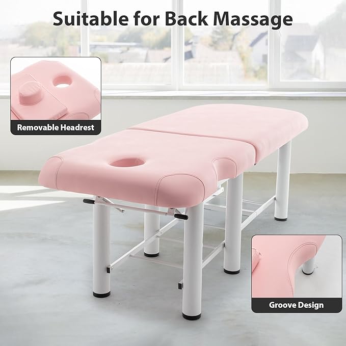 Professioanl Massage Table w/Adjustable Backrest for Treatment Table Spa Facial Bed Barber Beauty Equipment, Metal Frame PU Leather, Removable Headrest Salon Bed, Pink