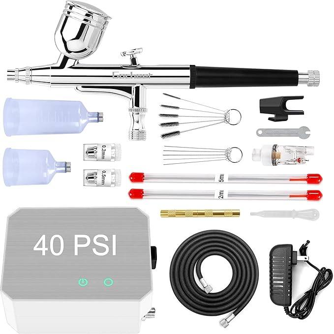 Gocheer Airbrush Kit with Air Compressor, 40 48 PSI High Pressure Air Brush Non-Clogging with 0.2/0.3/0.5mm Nozzle/Cleaning Sets, Ideal for Painting, Modeling, Cake Decor, Makeup (Silver, 40 PSI)