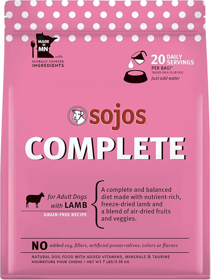 Sojos Complete Freeze Dried Raw Adult Dry Dog Food, Grain Free, Natural, Lamb Recipe, 7 lb Bag