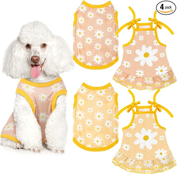 Frienda 4 Pieces Dog Clothes Set Include 2 Pcs Cute Pet Dress Lovely Dog Dress and 2 Pcs Breathable Pet T Shirt Puppy Clothes(Daisy,Small)