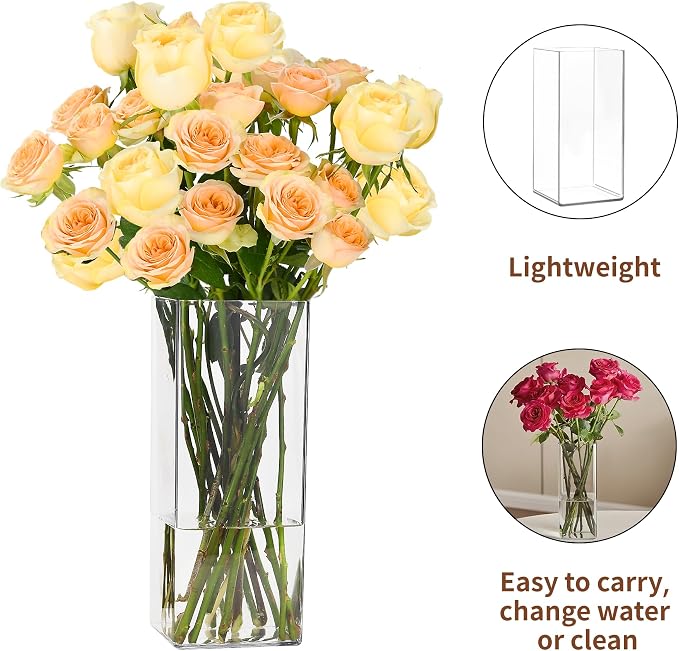 Acrylic Square Flower Vase, Non-breakable Vase, 4" x 4" x 10" Tall Clear Vases for Flower, Large Cube Floral Plant Container, Planter Terrarium for Wedding Party Event, Home Office Decor