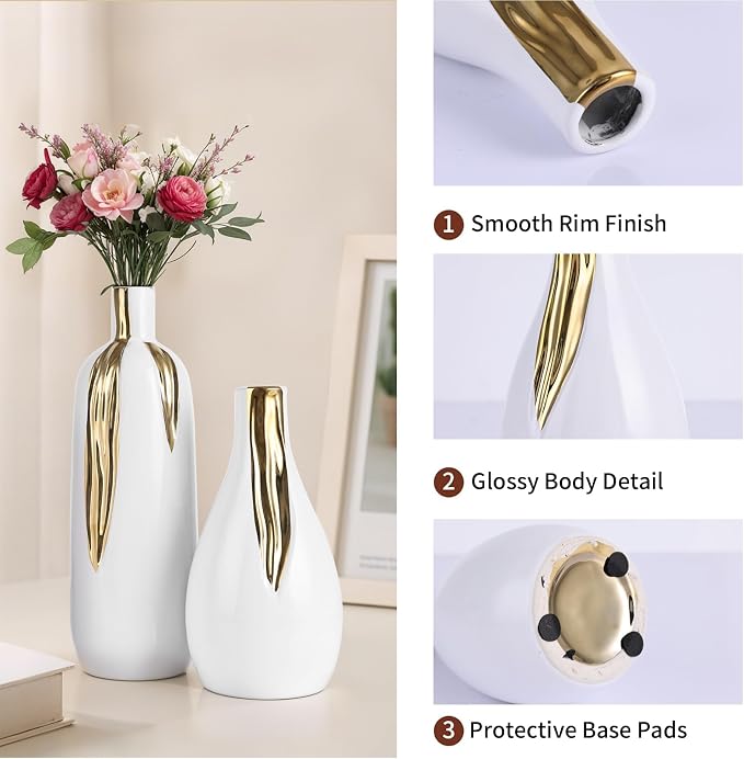 White and Gold Vase Set of 3, Modern Ceramic Decorative Vases for Living Room, Bedroom, Art Decor, Mantle, Home Event Decor, Office Decorative, Weddings, Rustic & Farmhouse (White Gold)