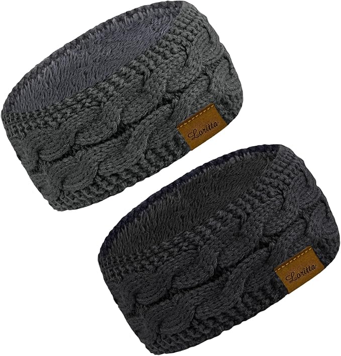 Loritta 2 Pack Headbands for Women Winter Warm Cable Knit Ear Warmer Thick Head Wrap Fuzzy Fleece Lined Gifts