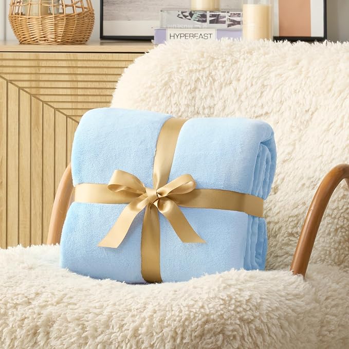 Hansleep Throw XL Light Blue Fleece Blanket, Soft Flannel Bed Blanket | Fuzzy Cozy Blanket 50x70 Inches, Multi-use for Bed, Sofa, Couch, Travel, Camping, All Season Warm Lightweight Cover