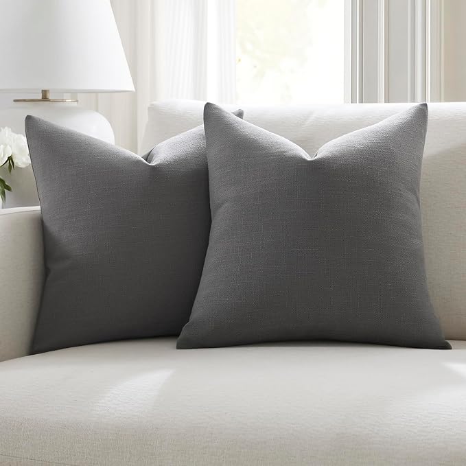 Meekio Set of 2 Gray Throw Pillow Covers 20x20, Modern Farmhouse Linen Blend Decorative Pillow Covers for Couch Sofa Bed, Neutral Home Decor