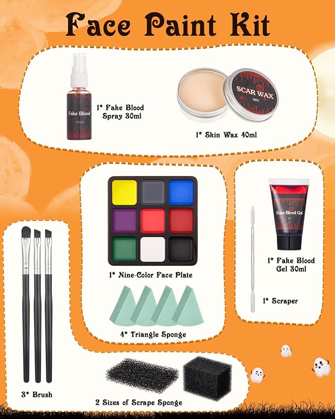 Lictin Special Effects SFX Zombie Makeup Kit, 9 Colors Bruise Face Body Painting Palette with Scar Wax, Fake Blood Spray & Gel, Vampire Skeleton Clown Makeup Body Paint (14PCS)