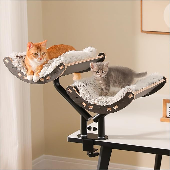 PEQULTI Desk Cat Bed for 2 Cats, 2-Tier 360° Rotating Cat Hammock, Black | Clamp-on desk-edge perch holds 50 lbs wobble-free; removable washable cushion; bunk bed for 2 cats; no-drill, furniture-safe