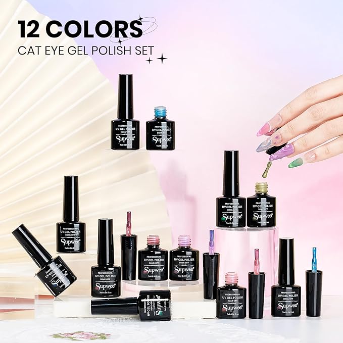 Pearl Mermaid Gel Nail Polish 12 Colors Magnetic Cat Eye Shimmer Glitter Gel Polish Spring Summer Colors Cat Eye Manicure Gift Soak Off Lamp Salon DIY at Home