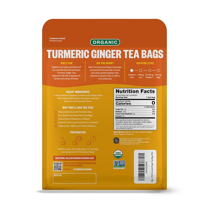 FGO Organic Turmeric Ginger Herbal Tea, 40 Count, Eco-Conscious Tea Bags, Caffeine Free (Pack of 1)