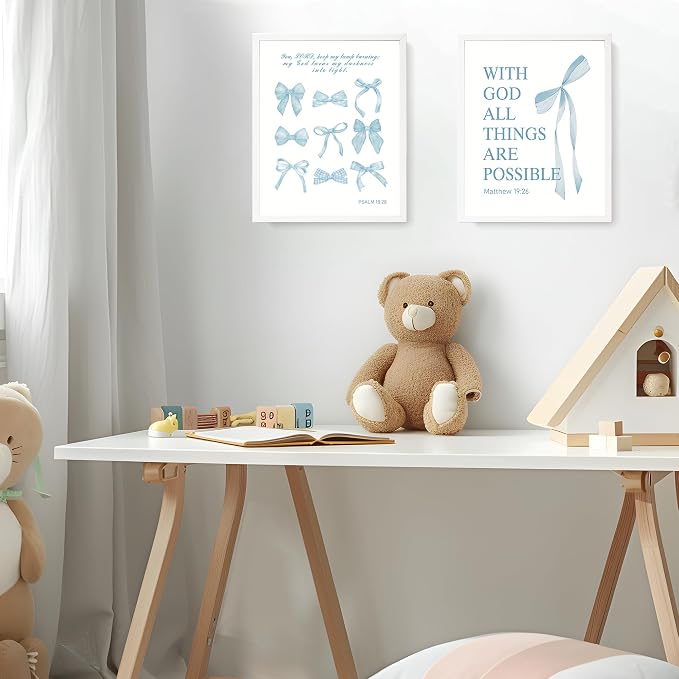 LARTSFRO Coquette Blue Bow Wall Art Decor Posters, Baby Blue Bow Room Bedroom Bathroom Dorm Wall Art Decor Aesthetic for College Teen Girls Gifts, Inspirational Bible Verses Bow Wall Decor, 10x8 Inch Set of 4 Pcs Bow Pictures (UNFRAMED)