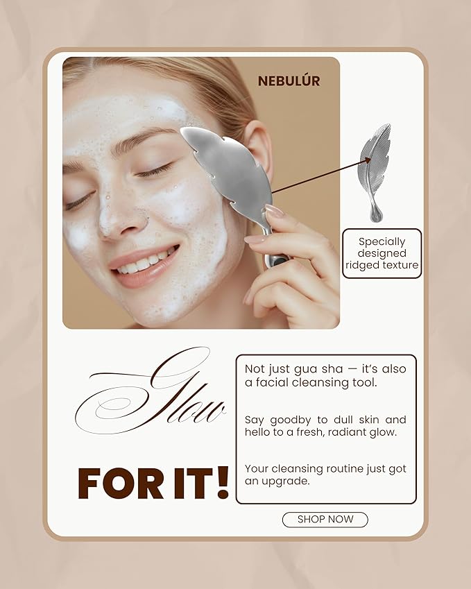 Nebulúr Feather 304 Stainless Steel Gua Sha & Facial Cleansing Tool, 75 g — Non-Porous Cool-Touch Face Massager with Eye-Safe Curved Tip, Micro-Buffing Ridges, Gift-Ready Box