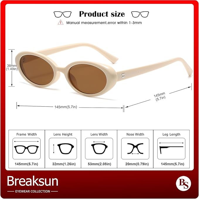 Breaksun Retro Oval Sunglasses for Women Men Fashion Small Oval Sunglasses 90s Vintage Shades