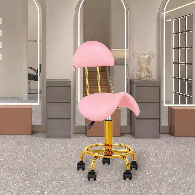 Saddle Chair Rolling Ergonomic Swivel Chair with Soft Comfortable Cushion and Wheels Hydraulic Adjustable Stool for Home Office Dental Tattoo Salon Shop Use with Backrest (Pink Gold)