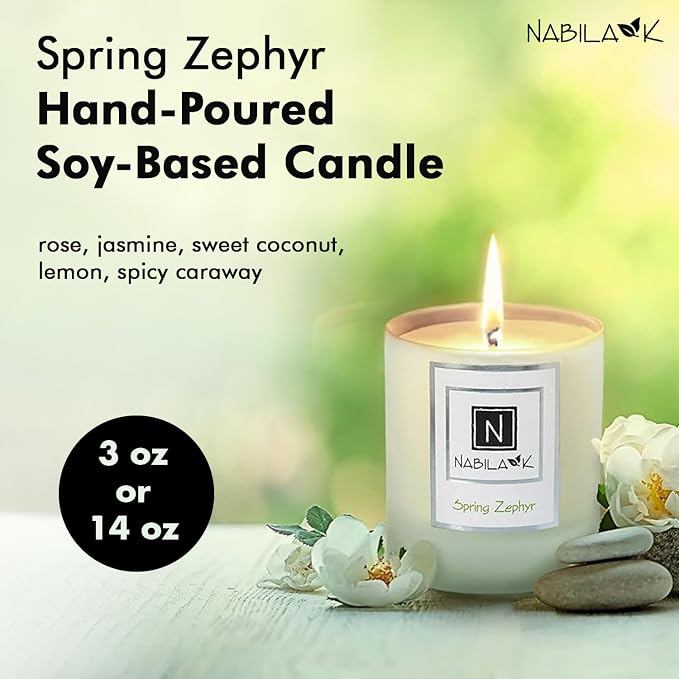 Nabila K – Spring Zephyr - Soy-Based Candle – Rose, Jasmine, Sweet Coconut, Lemon, Spicy Caraway - Hand-Poured - Cotton Wick - Aromatherapy Candle w/Essential Oils - Made in USA - 3 oz