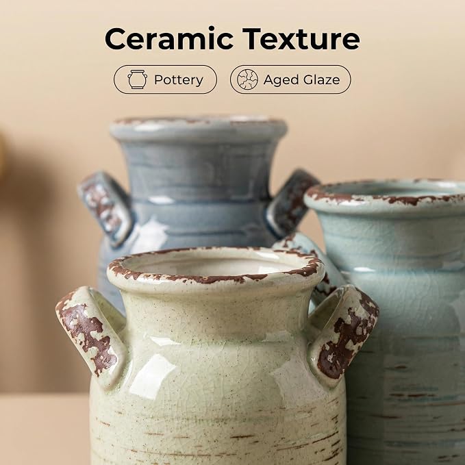 Ceramic Vase Set of 3 with Two Handles, Blue Neutral Rustic Modern Farmhouse Boho Decor, Versatile as Table Centerpiece or Mantel & Shelf Accent - Unique Home Gift Idea