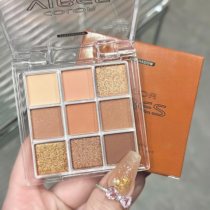 URQT Golden Caramel Eyeshadow Palette – 9 Warm Bronze & Nude Brown Shades with Matte & Metallic Finishes, High Pigment Blendable Palette for Natural to Glam Looks