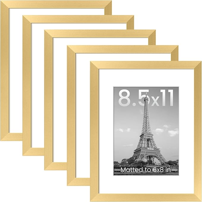 upsimples 8.5 by 11 Picture Frame, Gallery Wall Frames Set of 5, Gold | Photo Frame Collage Wall Decor, 6x8 Picture Frame with Mat for Family, Wedding, Certificate, Diploma, Graduation, Christmas