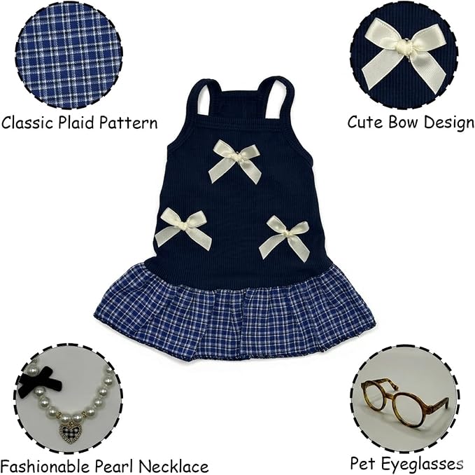 Dog Dresses, Plaid Pet Dress with Glasses and Pearl Necklace, Cute Pet Clothes Outfit Breathable Puppy Skirt Costume for Small Dog Cat Girls, Parties & Photos Favorite (Navy Blue, S)