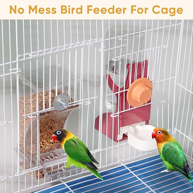 Kenond No Mess Bird Feeders Water Dispenser Set，Automatic Feeders for Cage | Automatic Parrot Feeder Cage Accessories, Clear Seed Container Food Drinker for Cage, for Cockatiel Lovebirds Budgies Canary