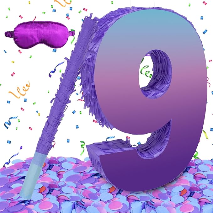 Purple Birthday Party Decorations, Purple Number 9 Pinata with Stick Blindfold Confetti for Girls Boys 9th Birthday Activity Game Gift (15.7 x 11.5 x 3 In)