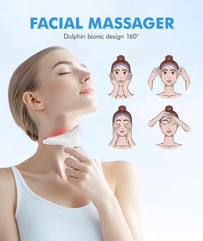 SDKWDH Red-Light-Therapy-for-Face-and-Neck, 7 Color Face Massager Tool for Wrinkles, Double Chin, Vibrating Facial Massager with Thermals for Skin Care, Glossy White
