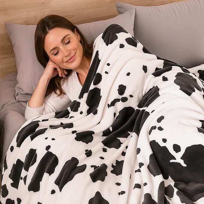 Cozy Bliss Cow Print Throw Blanket for Bed - Fuzzy Thick Soft Warm Fleece Blankets for Couch & Bed, for Women Men Girls Kids, Black & White Twin Size 60"*80"