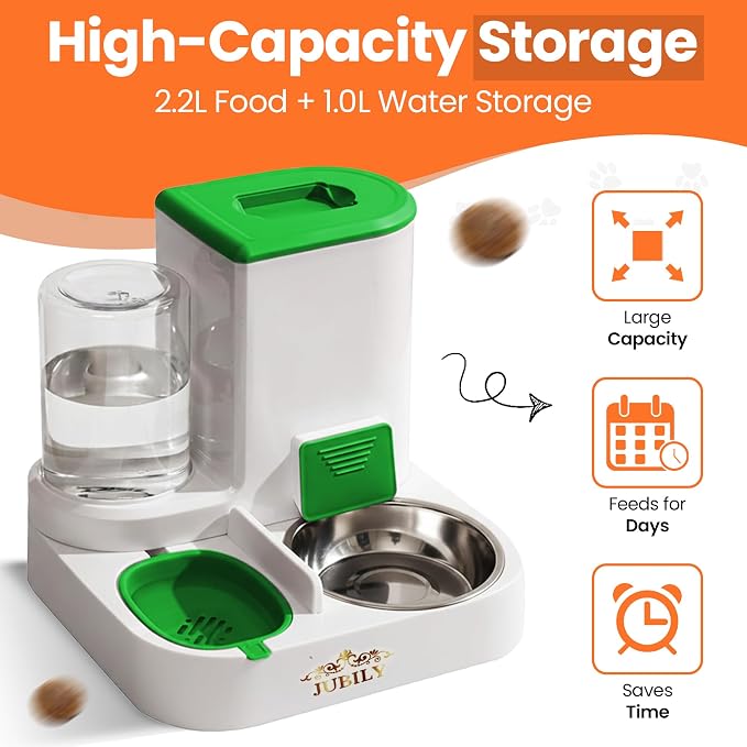 Automatic Cat Feeder & Water Dispenser – Gravity Cat Feeding Station with Stainless Steel Bowl, 2.2L Food & 1L Water Capacity, Automatic Pet Feeder for Cats & Small Dogs (Green)